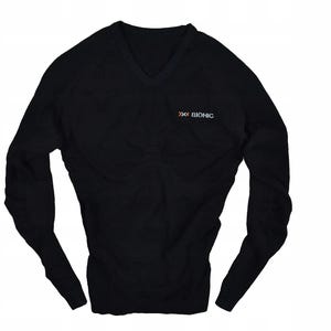 Op de afbeelding: Zwart shirt met lange mouwen en een V-hals. Het woord "BIONIC" is in oranje en blauw op de borst gedrukt. Het shirt is gemaakt van een rekbaar materiaal.
