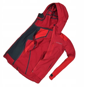 May include: A red hooded jacket with a zipper closure and a dark gray interior. The jacket has a small logo on the chest and a pocket on the sleeve. The jacket is designed for outdoor activities.