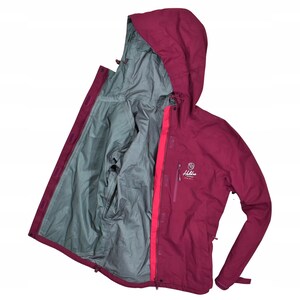 May include: A burgundy hooded jacket with a gray interior lining and a red zipper. The jacket has a logo on the chest and is open, revealing the interior. The jacket is designed for outdoor activities.