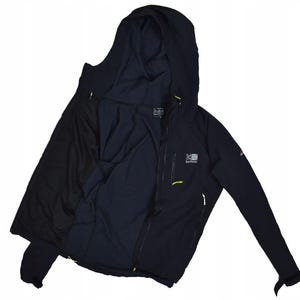 May include: Black hooded jacket with a full-length zipper. The jacket features a navy blue interior and a small logo on the chest. The jacket has a hood and long sleeves. The zipper and other accents are a bright yellow-green color.