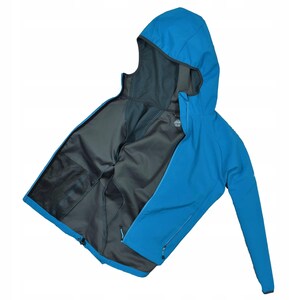May include: A bright blue hooded jacket with a full zipper closure. The jacket features a dark gray interior lining and a mesh pocket. The hood is attached and the sleeves are long. The jacket is designed for outdoor activities.