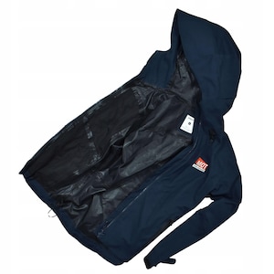 May include: Navy blue hooded jacket with a black interior lining. The jacket features a zipper closure, a hood, and the text "MOT" in a red rectangle on the front. The jacket is designed for outdoor activities.