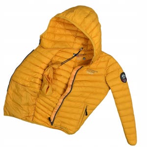 May include: A mustard yellow puffer jacket with a hood. The jacket features a black zip and a small patch on the sleeve. The jacket has the words "SCANDINAVIAN EXPLORER" printed on the chest.