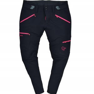 May include: Black outdoor pants with multiple zippered pockets and bright pink zippers. The pants have a logo on the left leg and a button and snap closure at the waist. The pants are designed for outdoor activities.