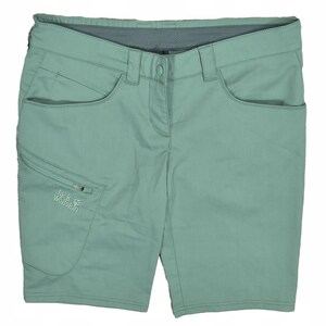 May include: Light green shorts with a button closure, belt loops, and multiple pockets. The shorts have a zippered pocket on the left leg and the Jack Wolfskin logo. The shorts are made of a lightweight material.