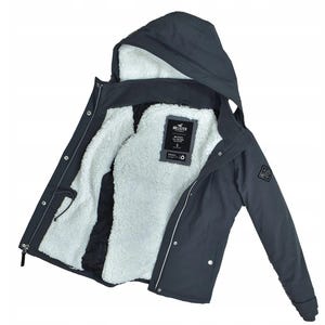 May include: A dark gray hooded jacket with a white, fluffy interior lining. The jacket has a zipper closure, snap buttons, and a small logo patch on the sleeve. The interior lining is visible, and a tag with text is sewn inside.