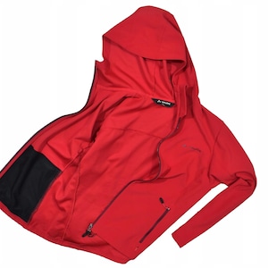 May include: A bright red hooded jacket with a full zipper and two zippered pockets. The jacket has a black pocket on the inside and a small logo on the chest. The hood is attached and the jacket is made of a smooth, lightweight material.