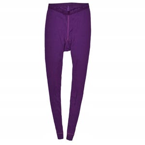 May include: A pair of solid purple thermal leggings. The leggings have a fitted design with a high waist and a straight leg. The waistband features the brand name "Devold" in white lettering. The leggings are made of a soft, warm material.