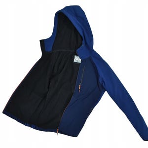 May include: A blue hooded jacket with a black interior. The jacket has a full-length zipper and a small logo patch on the inside. The jacket's hood is up, and the sleeves are extended.