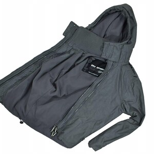 May include: A grey hooded jacket with a zip and high collar. The jacket features a hood and a label reading "Superdry Wind Sport". The jacket is made of a lightweight material.