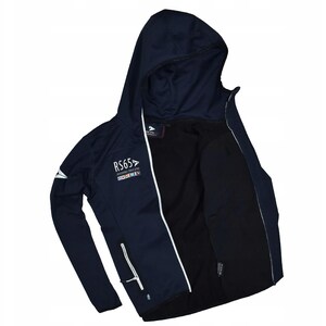 May include: Navy blue hooded jacket with a white zip and white detailing. The jacket has the text "RS65" and other graphics on the left chest. The interior lining is black.