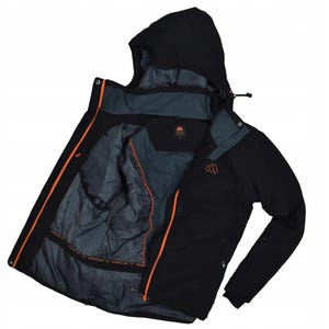 May include: Black hooded jacket with orange zipper accents and interior lining. The jacket features a dark gray interior lining and a small logo on the chest. The jacket is designed for outdoor activities.