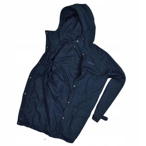 May include: A navy blue hooded jacket with a button-up front and two pockets. The jacket has a drawstring at the waist and a small logo on the chest. The hood is attached and the sleeves have adjustable cuffs. A practical outerwear garment.
