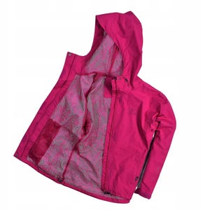 May include: Bright pink hooded jacket with a full zipper closure. The jacket has a mesh lining and a small logo on the chest. The hood is open, revealing the interior lining. The jacket is designed for outdoor activities.