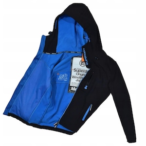 May include: Black hooded jacket with a bright blue interior. The jacket has a zipper closure, multiple pockets, and the text "SUPERDRY" in blue. A tag with Japanese text is visible inside the jacket.