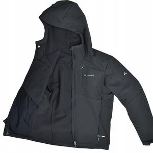 May include: Black hooded jacket with a full-length zipper, featuring the Vaude logo on the chest and sleeve. The jacket has a soft interior lining and multiple pockets. The hood is attached and the jacket is designed for outdoor activities.