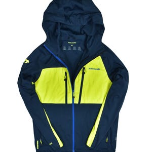 May include: Navy blue hooded jacket with a bright yellow panel across the chest and upper arms. The jacket has a full-length blue zipper, two zippered pockets, and the brand name "KILIMANJARO" printed on the chest.