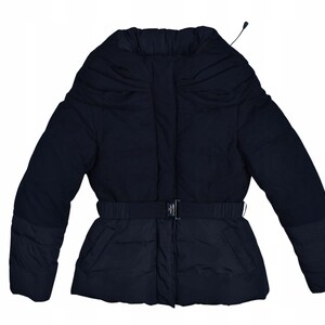 May include: A navy blue puffer jacket with a wide collar and a matching belt. The jacket has long sleeves and a cinched waist. The belt has a silver buckle. The jacket is designed for cold weather.