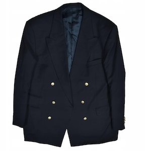 May include: A navy blue double-breasted blazer with gold buttons. The jacket features a classic design with a notched lapel and a dark blue lining. The blazer has two rows of buttons and a tailored fit, suitable for formal occasions.