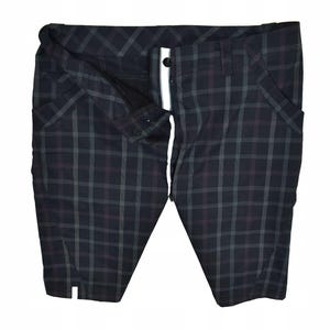 May include: Black and gray plaid shorts with a button closure and a white stripe down the front. The shorts have pockets and a tailored fit, suitable for casual wear.
