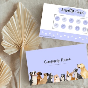 Cartão de fidelidade lilás macio e neutro moderno para empresas de animais de estimação, babás de cães, passeios com cães, creches e serviços de cuidados com animais de estimação - modelo editável do Canva