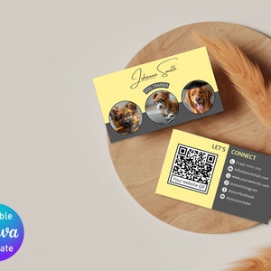 Modelo de cartão de visita elegante, minimalista, amarelo e carvão para cães para passear com cães, cuidar de animais de estimação, cuidar de cães, creche e serviços de treinamento