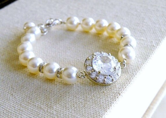 Bridal CZ Bracelet CZ Ivory Swarovki Pearls Sterling CNB3 | Etsy