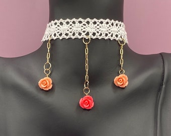 White Lace Choker: Dangly Rose Charm Necklace