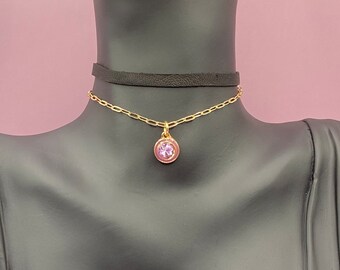 Double Layered Choker: Black Faux Leather, Gold Chain, Purple Charm