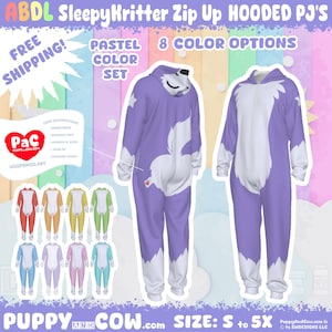 Peut inclure: Un ensemble de pyjama à capuche zippé SleepyKritter violet avec un ventre et une queue blancs. Le pyjama a un design de loup et est disponible dans un ensemble de couleurs pastel. L'image montre également huit options de couleurs et le texte "Puppy and Cow.com".