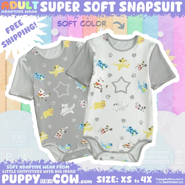 Adaptive Wear-snapsuit voor volwassenen: puppy- en koeprint - grijs