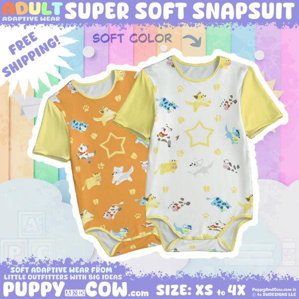Adaptive Wear-snapsuit voor volwassenen: puppy- en koeprint - geel