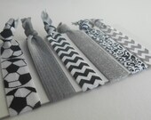 Silver glitter gray and black soccer girly fold over elastic hair ties set of 6