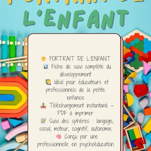 May include: A colorful printable PDF guide for tracking a child's development. The guide includes sections for language, social, motor, cognitive, and autonomy. It is designed by a professional in psychoeducation.