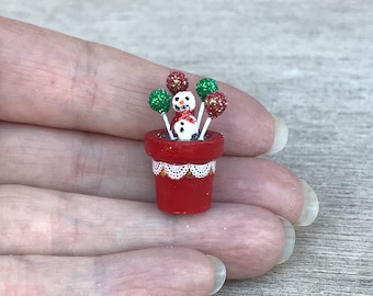 1/12 scale cake pops Christmas red green flowerpot winter snowman bakery sweet shop realistic dollhouse miniature food dessert Fairy garden
