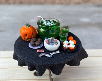 1/24 scale Halloween party dessert table punch witch brew cupcakes chocolate skulls haunted mansion house realistic dollhouse miniature