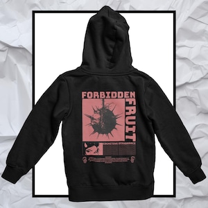 May include: Black hooded sweatshirt with a pink graphic print that says "FORBIDDEN FRUIT" and "COGNITIVE DISSONANCE".