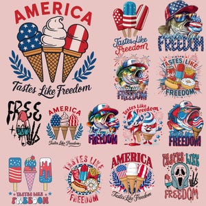 Ensemble PNG au goût de liberté - Motifs patriotiques à sublimation du 4 juillet comprenant de la crème glacée, de la pêche à l'achigan et du rétro Americana png