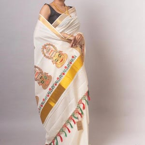 Creme Baumwolle Saree mit Kathakai Stickerei mit Quasten Kerala Saree mit laufender Bluse Material - Perfekt für Onam