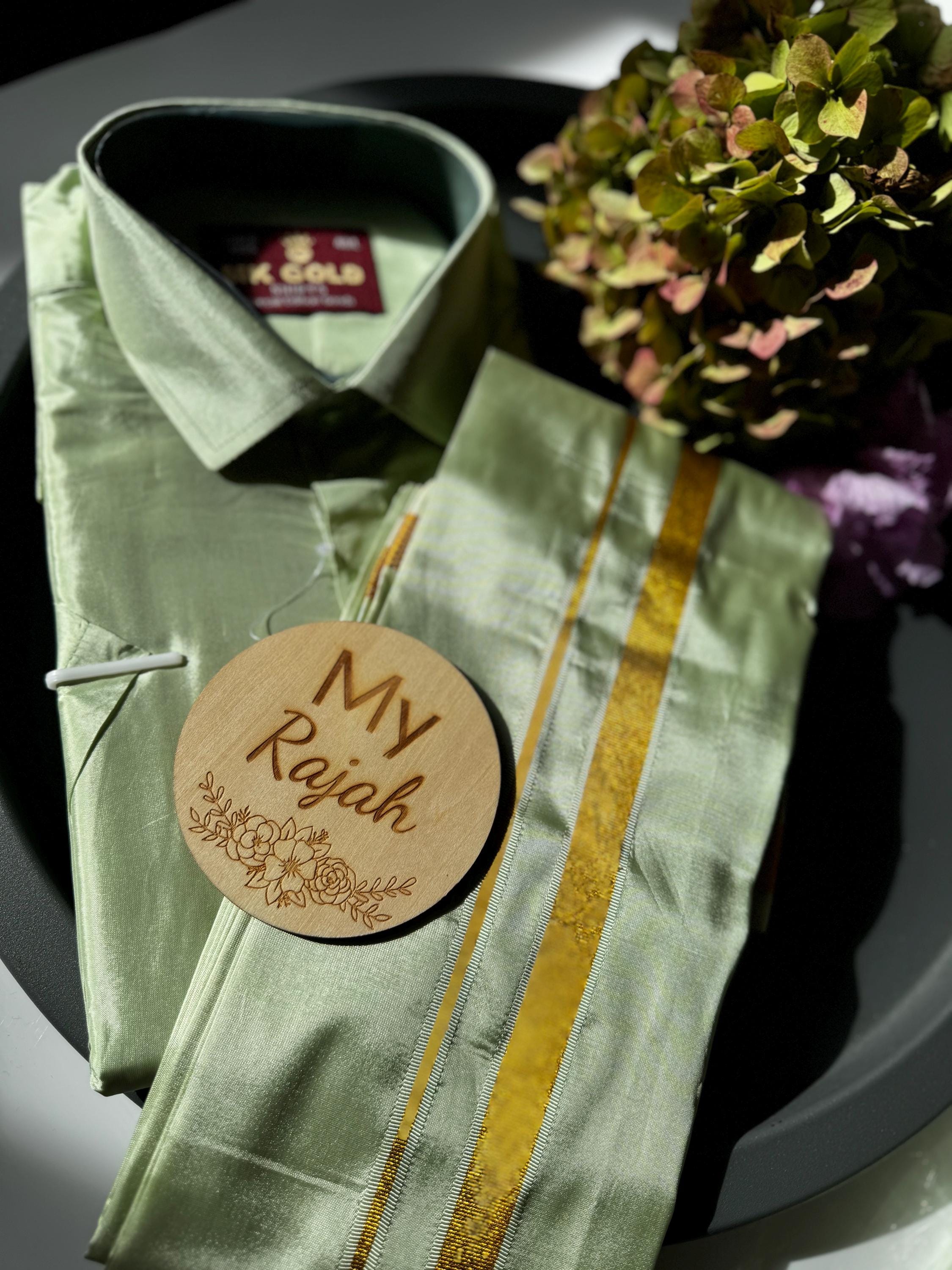 Men’s silk veshti with gold border dhoti set, mundu, veshti doti, onam  pista colour