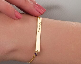 Personalized Bar Bracelet with Birthstone Name Bracelet Engraved Bar Bracelet Custom Date Bracelet Dainty Amethyst Bracelet Mothers Day Gift