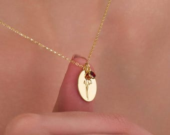 Collana personalizzata con fiore di nascita, ciondolo floreale in argento 925 con pietra portafortuna, ciondolo con fiore del mese di nascita personalizzato, regalo per la festa della mamma, gioielli boho