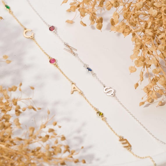 Personalized Sideways Initial Necklace Letter Birthstone Necklace