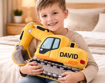 Personalized Excavator Pillow, Custom Construction Truck Cushion Pillow, Bulldozer Pillow, Toddler Nursery Decor, Gift for Kids, Boy, Son