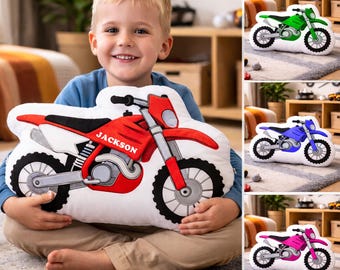 Personalized Motorcycle Pillow, Custom Name Dirt Bike Pillow, Kids Motorbike Cushion, Racing Bike Pillow, Birthday Gift for Kids, Son, Boy