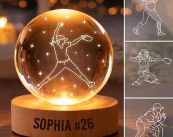 Personalized Softball Crystal Ball Night Light, Custom Name Softball Player Desk Lamp, Softball Room Decor, Softball Gift for Team, Her