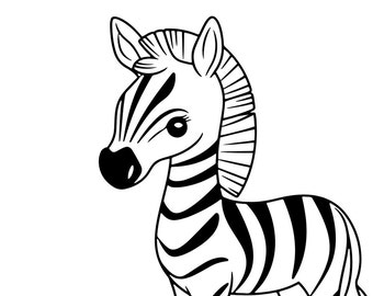 Pode incluir: Desenho de linha preto e branco de uma zebra com a palavra "Zebra" em vermelho acima.