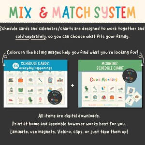 May include: A digital download graphic with the text "MIX & MATCH SYSTEM" in colorful letters. The image shows schedule cards and a morning schedule chart with various icons. Text encourages printing at home and using magnets or tape.