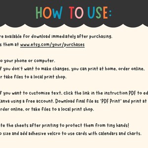 May include: A beige instructional guide with the heading "HOW TO USE:" in colorful letters. The text provides instructions on downloading, saving, printing, and customizing files. It also mentions laminating and using adhesive velcro.