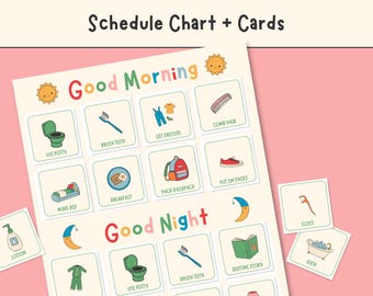 Op de afbeelding: Een kleurrijke schema- en kaartenset met de tekst "Schedule Chart + Cards". De kaart bevat illustraties voor ochtend- en avondroutines, zoals tandenpoetsen, aankleden en een bedtijdverhaaltje.